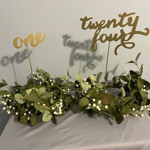 Beautiful gold written numbers 1 to 24 four tables at a wedding.